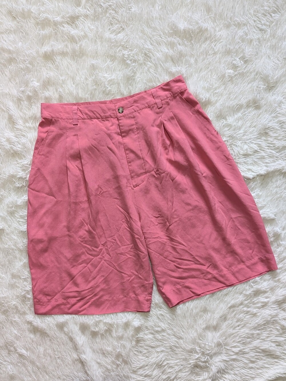 80s Go Silk 100% Silk Pink High Waist Pleated Button Fly Vintage Bermuda Shorts